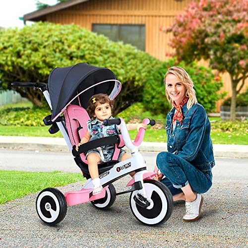 HOMCOM Triciclo Bebé Plegable 4 en 1 Trolley Trike Bicicletas para Niños +18 Mes Evolutivo Capota Barra Desmontable Control Parental Juguete Aprendizaje