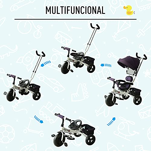 HOMCOM Triciclo para Bebé 4 en 1 Bicicleta para +18 Meses con Capota Manija de Empuje Ajustable Barra Extraíble Reposapiés Plegable Canasta de Almacenaje 92x51x110 cm Morado