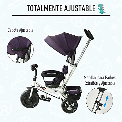 HOMCOM Triciclo para Bebé 4 en 1 Bicicleta para +18 Meses con Capota Manija de Empuje Ajustable Barra Extraíble Reposapiés Plegable Canasta de Almacenaje 92x51x110 cm Morado