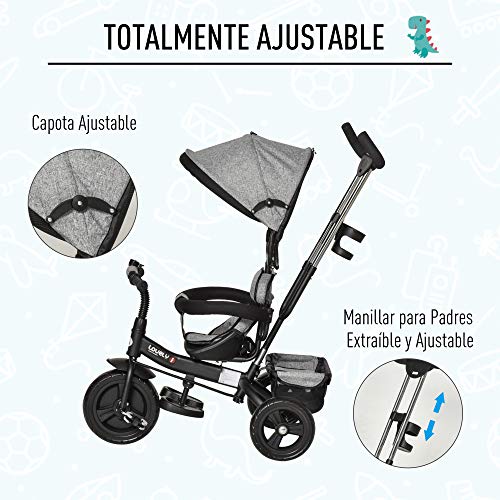 HOMCOM Triciclo para Bebé 4 en 1 Bicicleta para +18 Meses con Capota Manija de Empuje Ajustable Barra Extraíble Reposapiés Plegable Canasta de Almacenaje 92x51x110 cm Gris