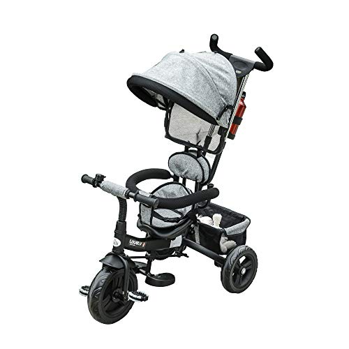 HOMCOM Triciclo para Bebé 4 en 1 Bicicleta para +18 Meses con Capota Manija de Empuje Ajustable Barra Extraíble Reposapiés Plegable Canasta de Almacenaje 92x51x110 cm Gris