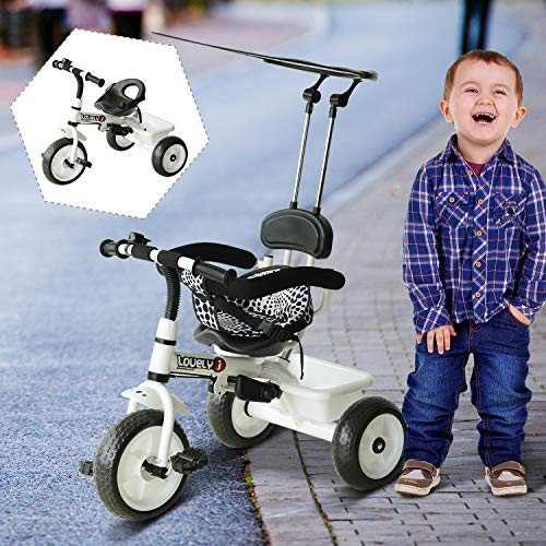 HOMCOM Triciclo para Niños con Capota extraíble y plegable Incluye barra telescópica para los padres Certificado EN71-1-2-3 Color Blanco 103x47x101cm