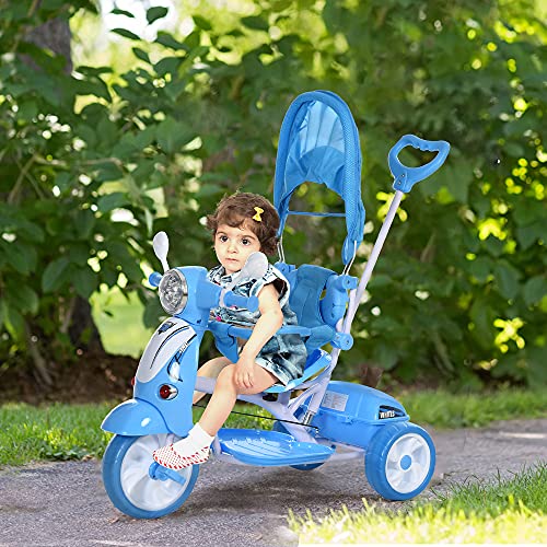 HOMCOM Triciclo para Niños de +18 Meses Triciclo Evolutivo Infantil con Capota Extraíble Asiento Giratorio Barra de Seguridad y Función de Luz Música 102x48x96 cm Azul