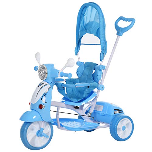 HOMCOM Triciclo para Niños de +18 Meses Triciclo Evolutivo Infantil con Capota Extraíble Asiento Giratorio Barra de Seguridad y Función de Luz Música 102x48x96 cm Azul