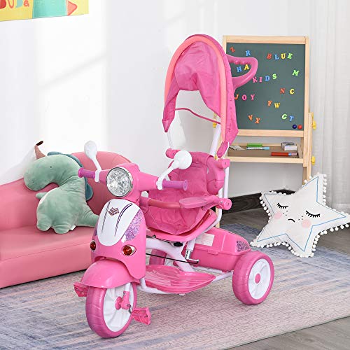 HOMCOM Triciclo para Niños de +18 Meses Triciclo Evolutivo Infantil con Capota Extraíble Asiento Giratorio Barra de Seguridad y Función de Luz Música 102x48x96 cm Rosa