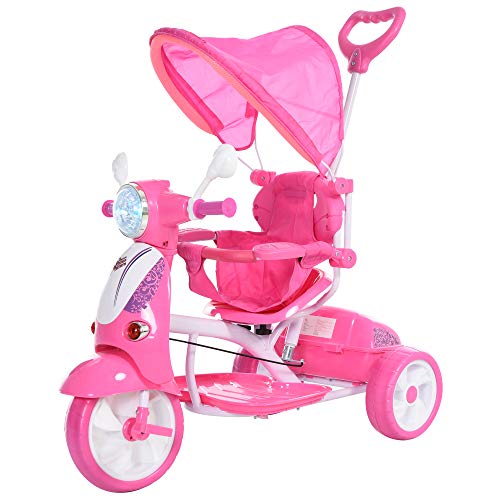 HOMCOM Triciclo para Niños de +18 Meses Triciclo Evolutivo Infantil con Capota Extraíble Asiento Giratorio Barra de Seguridad y Función de Luz Música 102x48x96 cm Rosa