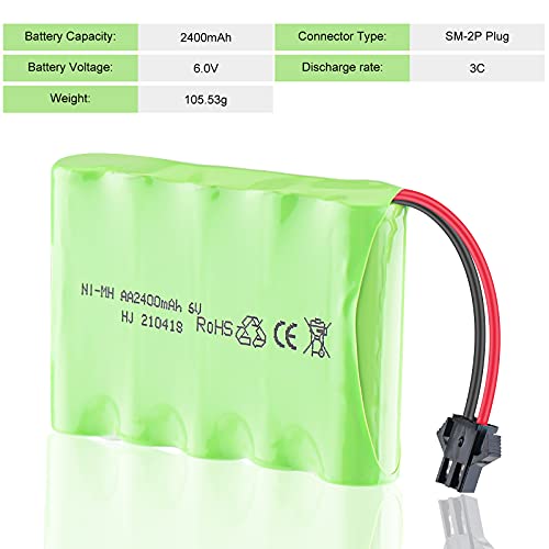 Hootracker 6V 2400mAh Ni-MH AA Rechargeable Battery Pack with SM-2P 2Pin Plug and USB Charger Cable for RC Truck Cars Vehicles