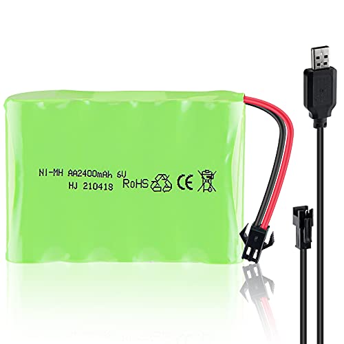 Hootracker 6V 2400mAh Ni-MH AA Rechargeable Battery Pack with SM-2P 2Pin Plug and USB Charger Cable for RC Truck Cars Vehicles