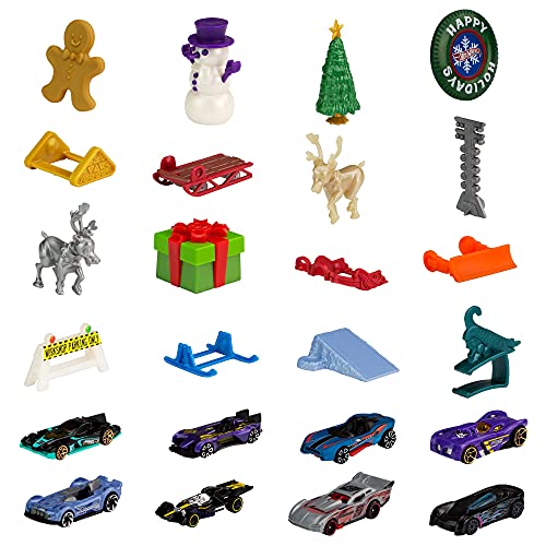 Hot Wheels Calendario de adviento de Navidad con coches de juguete y accesorios (Mattel GTD78)