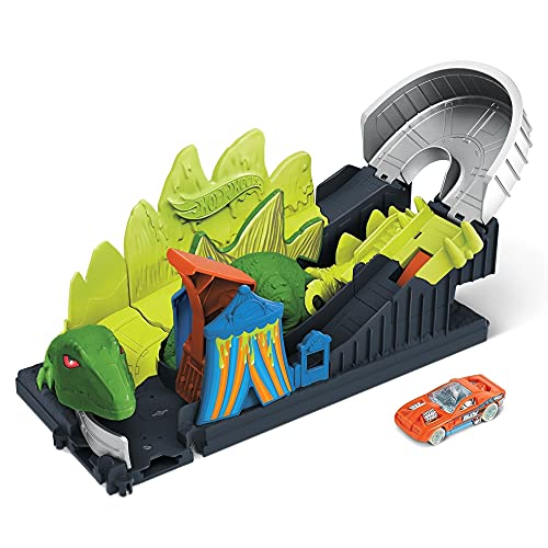 Hot Wheels City Ataque del dinosaurio, pista de coches de juguete, incluye 1 vehículo (Mattel GTT68)