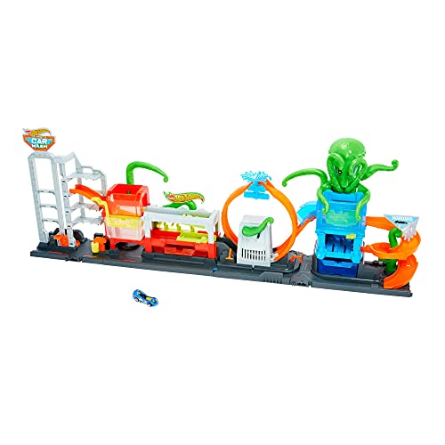 Hot Wheels City Autolavado del Pulpo, pista de coches de juguete para acrobacias (Mattel HBY96)