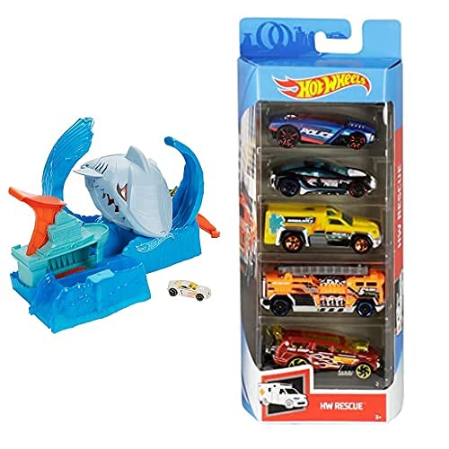 Hot Wheels City Pista de Coches de Juguete Salto de Tiburón Color Shifter (Mattel GJL12) y Pack de 5 Vehículos, Modelos Surtidos (Mattel 1806)