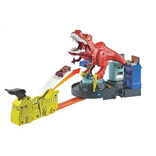 Hot Wheels - City T-Rex Devorador Destructor, Pista de Coches de Juguete con Dinosaurio (Mattel GWT32), Embalaje sostenible