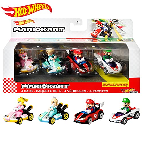 Hot Wheels Mario Kart Set de colección con 4 Coches de Juguete Die-Cast con Personaje, Regalo para niños +3 años, Modelo 3 (Mattel GXX97)