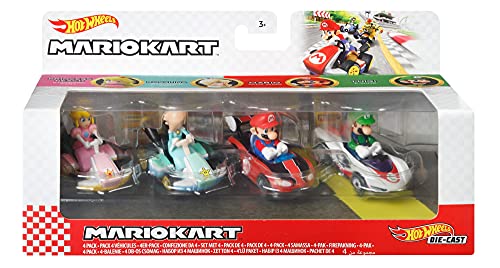 Hot Wheels Mario Kart Set de colección con 4 Coches de Juguete Die-Cast con Personaje, Regalo para niños +3 años, Modelo 3 (Mattel GXX97)