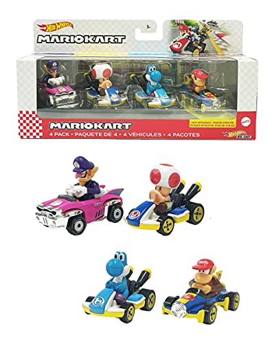 Hot Wheels Mario Kart Set de colección con 4 coches de juguete die-cast con personaje, regalo para niños +3 años, modelo 4 (Mattel GXX98)