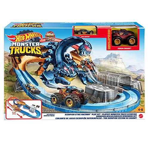 Hot Wheels Monster Trucks Escorpión súper impulso, pistas de coches de juguete (Mattel GNB05)