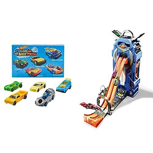 Hot Wheels Shifters Pack de 5 Coches Que cambian de Color + Supergaraje, Garaje para Coches de Juguete