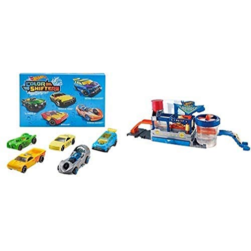 Hot Wheels Shifters Pack de 5 Coches Que cambian de Color + Supertúnel de Lavado, Pista de Coches de Juguete