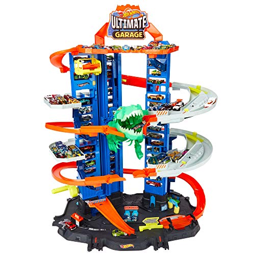 Hot Wheels Ultimate Garage, Garaje y Pista para Coches de Juguete + Pack de 5 vehículos, Coches de Juguete + Track Builder Contenedor Lanzador, tramos y Accesorios para Pistas de Coches de Juguetes