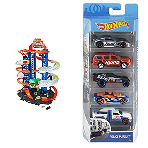 Hot Wheels Ultimate Garage, Garaje y Pista para Coches de Juguete + Pack de 5 vehículos, Coches de Juguete + Track Builder Contenedor Lanzador, tramos y Accesorios para Pistas de Coches de Juguetes