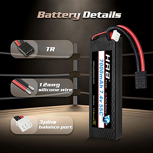 HRB - Batería de polímero de litio de 7000 mAh, 7,4 V, 55 C, 2S RC, con conector TR, batería de repuesto para avión, helicóptero, barco, buggy, Wing, coche teledirigido