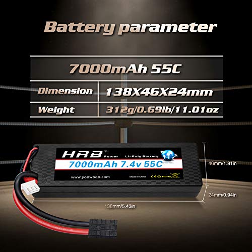 HRB - Batería de polímero de litio de 7000 mAh, 7,4 V, 55 C, 2S RC, con conector TR, batería de repuesto para avión, helicóptero, barco, buggy, Wing, coche teledirigido