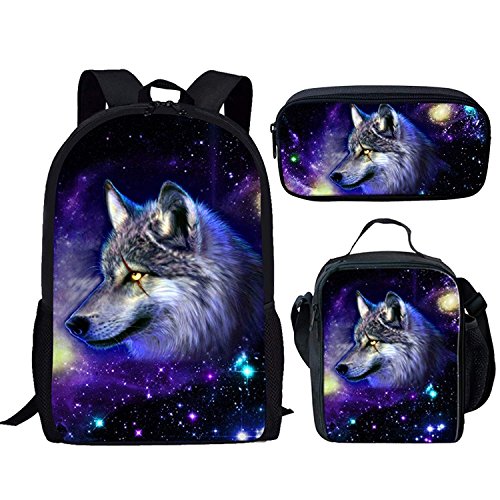 HUGS IDEA - Juego de mochila de tiburón para niños, 3 piezas con caja térmica para almuerzo, Juego de patrones Galaxy Wolf 1 (Morado) - CGK