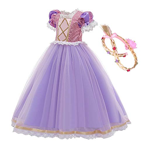 IBTOM CASTLE Disfraz infantil de princesa Rapunzel, largo, vestido de fiesta, cosplay, carnaval, dama de honor, vestido de fiesta de cumpleaños, Violeta (2 unidades)., 3-4 Años