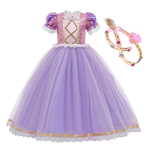 IDOPIP Disfraz de Princesa Rapunzel Niña Sofía Vestido Fiesta Carnaval Cosplay Halloween Costume para Chicas con Peluca