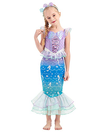 IKALI Disfraz De Princesa para Niñas Vestido De Cuento De Hadas De Sirena para Niños Pequeños Traje De Fiesta Colorido con Diadema