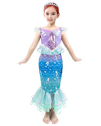 IKALI Disfraz De Princesa para Niñas Vestido De Cuento De Hadas De Sirena para Niños Pequeños Traje De Fiesta Colorido con Diadema