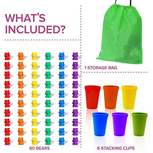 Infantil Juguetes Montessori, Contar con Osos de Colores coordinados Ordenación de Las Copas, Juego Montessori Rainbow Matching, (67 Piezas Set) 60 Osos Colores 6 Copas y 1 Bolsa de Almacenamiento