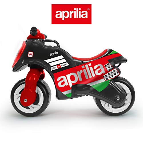 INJUSA - Moto Correpasillos Neox Aprilia Color Negro con Decoración Permanente Asa de Transporte y Ruedas Anchas de Plástico Recomendado a Niños +18 Meses