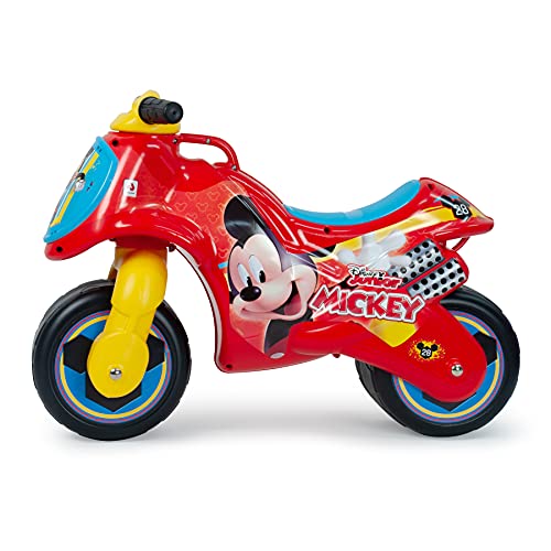 INJUSA - Moto Correpasillos Neox Mickey Mouse Roja con Ruedas Anchas de Plástico Decoración Permanente y Asa de Transporte Recomendado para Niños +18 Meses