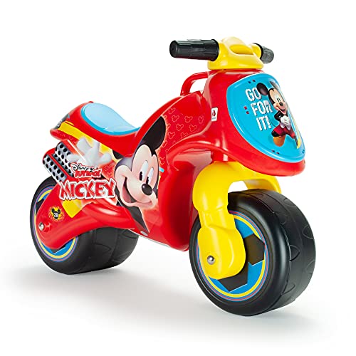 INJUSA - Moto Correpasillos Neox Mickey Mouse Roja con Ruedas Anchas de Plástico Decoración Permanente y Asa de Transporte Recomendado para Niños +18 Meses