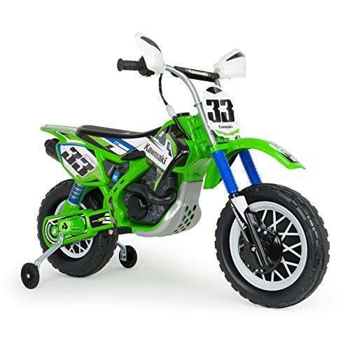 INJUSA - Moto Cross Thunder Kawasaki 12V con puño Acelerador licenciada, Recomendada a niños +3 años, Color Verde (6835)