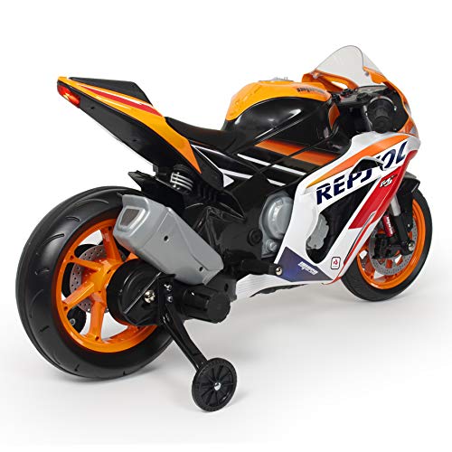 INJUSA - Moto Eléctrica Repsol 12V con Acelerador en Puño Ruedas Estabilizadoras Luces y Entrada Mp3 Recomendada para Niños +3 Años