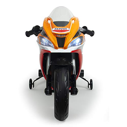 INJUSA - Moto Eléctrica Repsol 12V con Acelerador en Puño Ruedas Estabilizadoras Luces y Entrada Mp3 Recomendada para Niños +3 Años