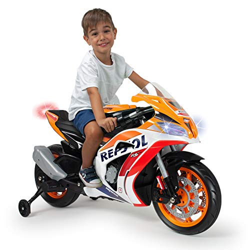 INJUSA - Moto Eléctrica Repsol 12V con Acelerador en Puño Ruedas Estabilizadoras Luces y Entrada Mp3 Recomendada para Niños +3 Años