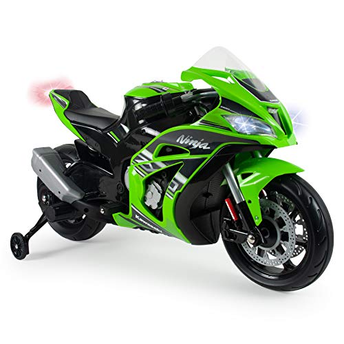 INJUSA – Moto Ninja Kawasaki ZX10 a 12V con Acelerador en Puño, Entrada para Mp3 y Ruedas Estabilizadoras Recomendada a Niños +3 Años