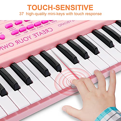 Innedu Mini teclado de piano de juguete, teclado musical de 37 teclas con sonidos de animales, canciones de demostración,batería y tempo,micrófono,teclado de piano musical portátil para niños pequeños