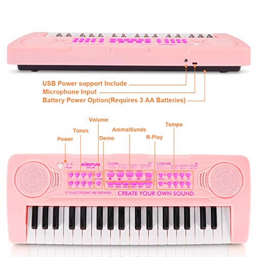 Innedu Mini teclado de piano de juguete, teclado musical de 37 teclas con sonidos de animales, canciones de demostración,batería y tempo,micrófono,teclado de piano musical portátil para niños pequeños