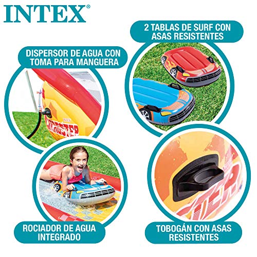 Intex 57167NP - Tobogán agua deslizante, INTEX, 561x119x76 cm, 2 tablas de surf, pulverizador de agua, Juegos de agua para niño, Pista deslizante exterior, A partir de 6 años