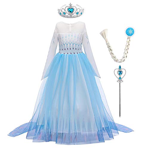 Iwemek 2 disfraces de reina del hielo Elsa para niña, vestido de princesa de nieve, con copos de nieve, vestido de tul, para Navidad, carnaval, fiesta de cumpleaños B-blau 01 Set 7-8 Años