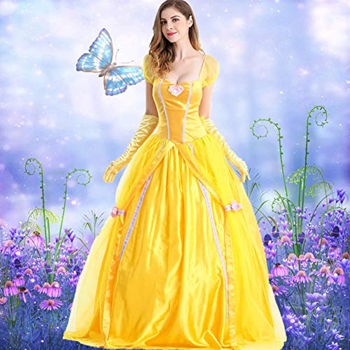 IWEMEK Disfraz de Bella para mujer, para adultos, Halloween, carnaval, fiesta, princesa, vestido amarillo con guantes, amarillo, XXL