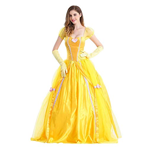 IWEMEK Disfraz de Bella para mujer, para adultos, Halloween, carnaval, fiesta, princesa, vestido amarillo con guantes, amarillo, XXL