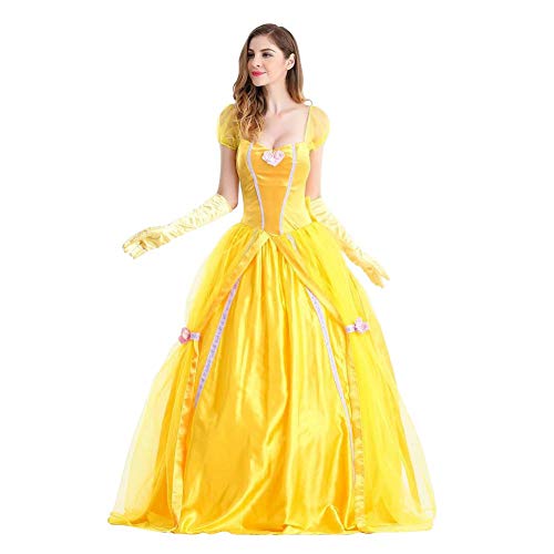 IWEMEK Disfraz de Bella para mujer, para adultos, Halloween, carnaval, fiesta, princesa, vestido amarillo con guantes, amarillo, XXL