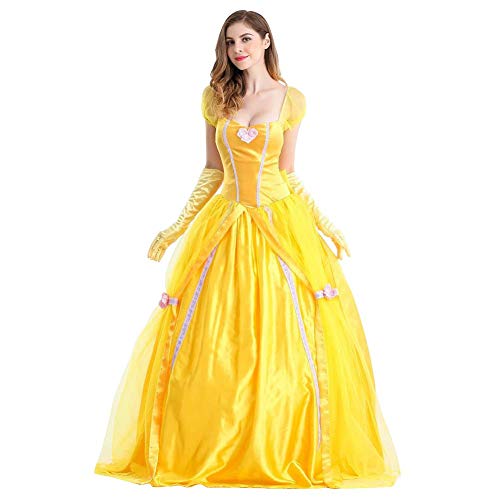 IWEMEK Disfraz de Bella para mujer, para adultos, Halloween, carnaval, fiesta, princesa, vestido amarillo con guantes, amarillo, XXL