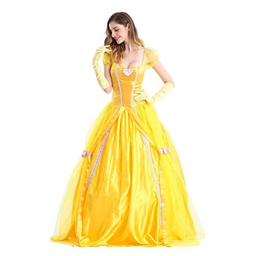 IWEMEK Disfraz de Bella para mujer, para adultos, Halloween, carnaval, fiesta, princesa, vestido amarillo con guantes, amarillo, XXL